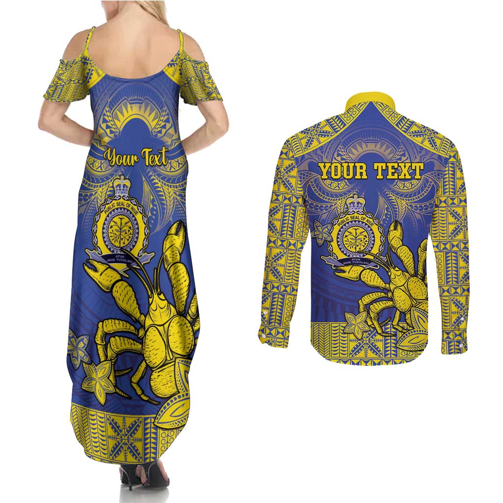 Personalised Niue The Rock Couples Matching Summer Maxi Dress and Long Sleeve Button Shirt Niuean Crab Hiapo Pattern Blue Version