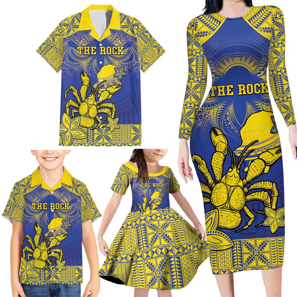 Personalised Niue The Rock Family Matching Long Sleeve Bodycon Dress and Hawaiian Shirt Niuean Crab Hiapo Pattern Blue Version LT05 - Polynesian Pride