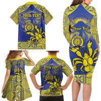 Personalised Niue The Rock Family Matching Long Sleeve Bodycon Dress and Hawaiian Shirt Niuean Crab Hiapo Pattern Blue Version LT05 - Polynesian Pride