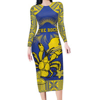 Personalised Niue The Rock Family Matching Long Sleeve Bodycon Dress and Hawaiian Shirt Niuean Crab Hiapo Pattern Blue Version LT05 Mom's Dress Blue - Polynesian Pride