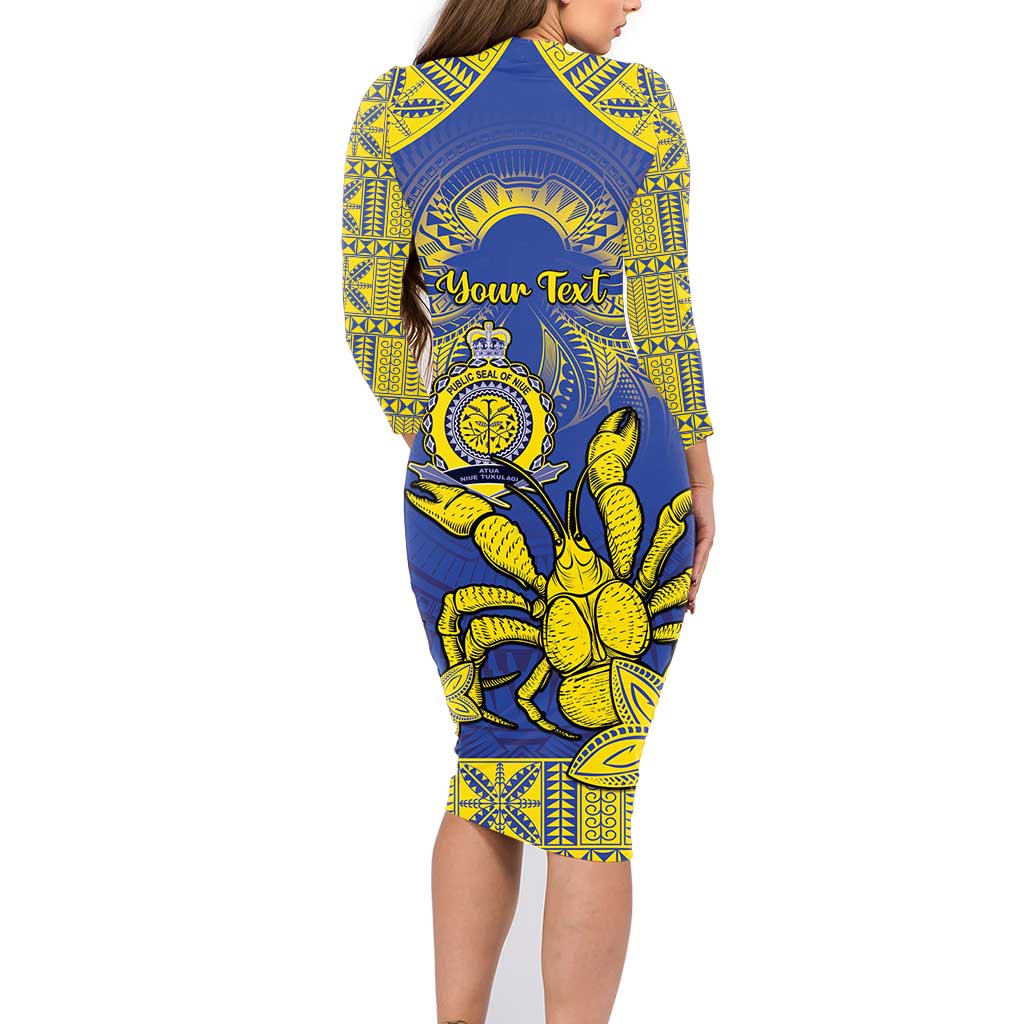 Personalised Niue The Rock Family Matching Long Sleeve Bodycon Dress and Hawaiian Shirt Niuean Crab Hiapo Pattern Blue Version LT05 - Polynesian Pride