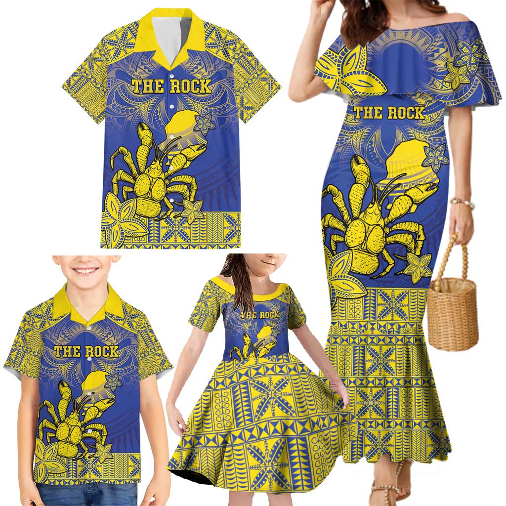 Personalised Niue The Rock Family Matching Mermaid Dress and Hawaiian Shirt Niuean Crab Hiapo Pattern Blue Version LT05 - Polynesian Pride