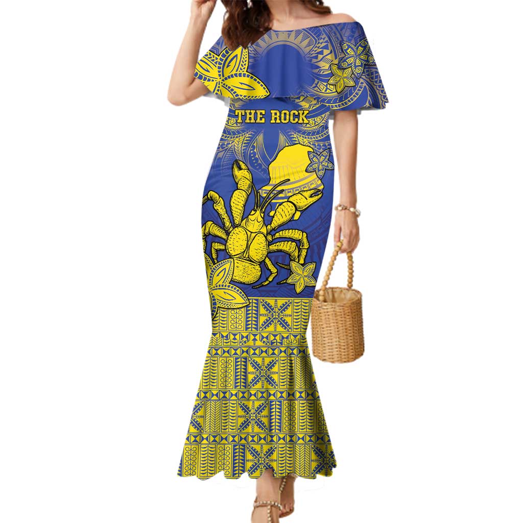 Personalised Niue The Rock Family Matching Mermaid Dress and Hawaiian Shirt Niuean Crab Hiapo Pattern Blue Version LT05 Mom's Dress Blue - Polynesian Pride