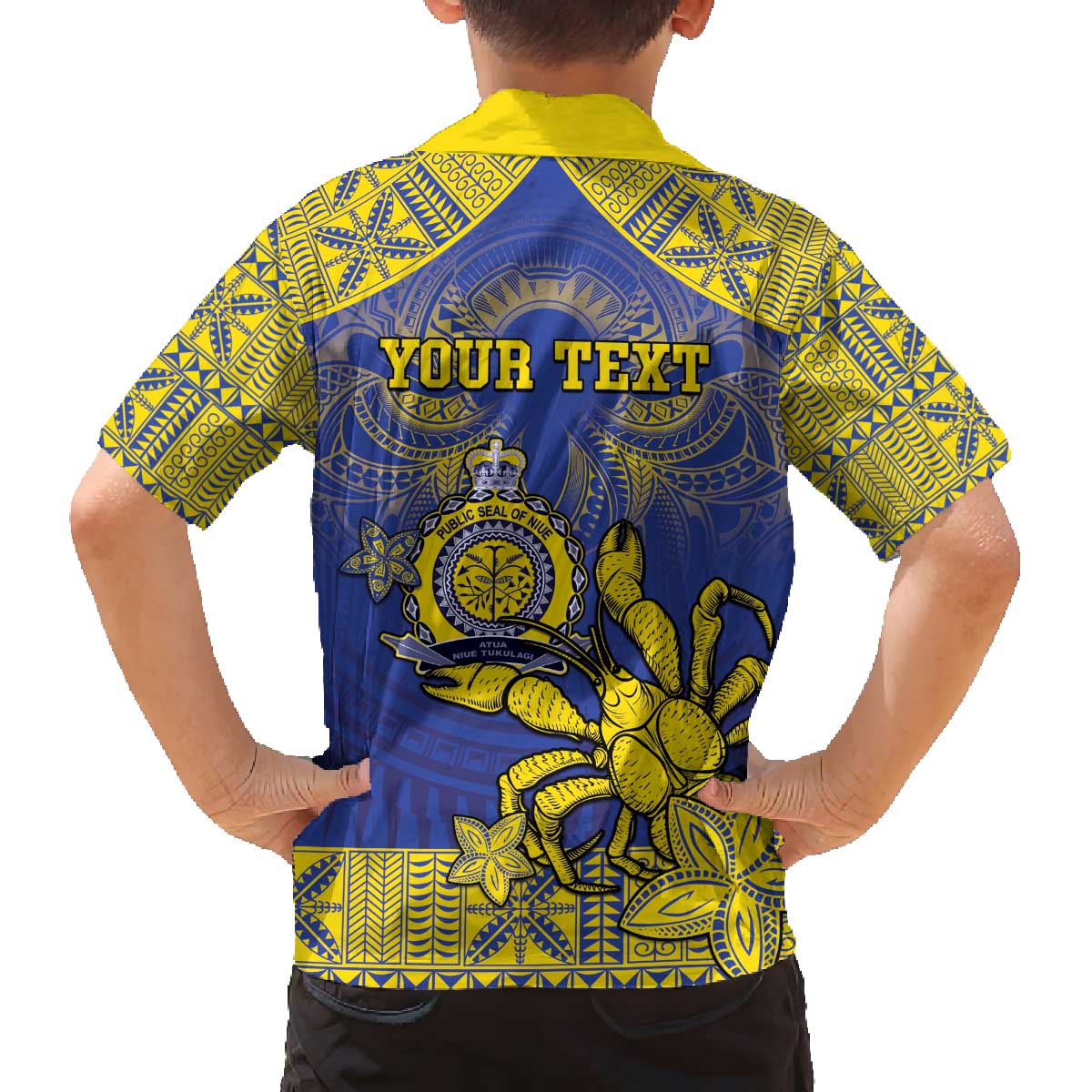 Personalised Niue The Rock Family Matching Off The Shoulder Long Sleeve Dress and Hawaiian Shirt Niuean Crab Hiapo Pattern Blue Version LT05 - Polynesian Pride