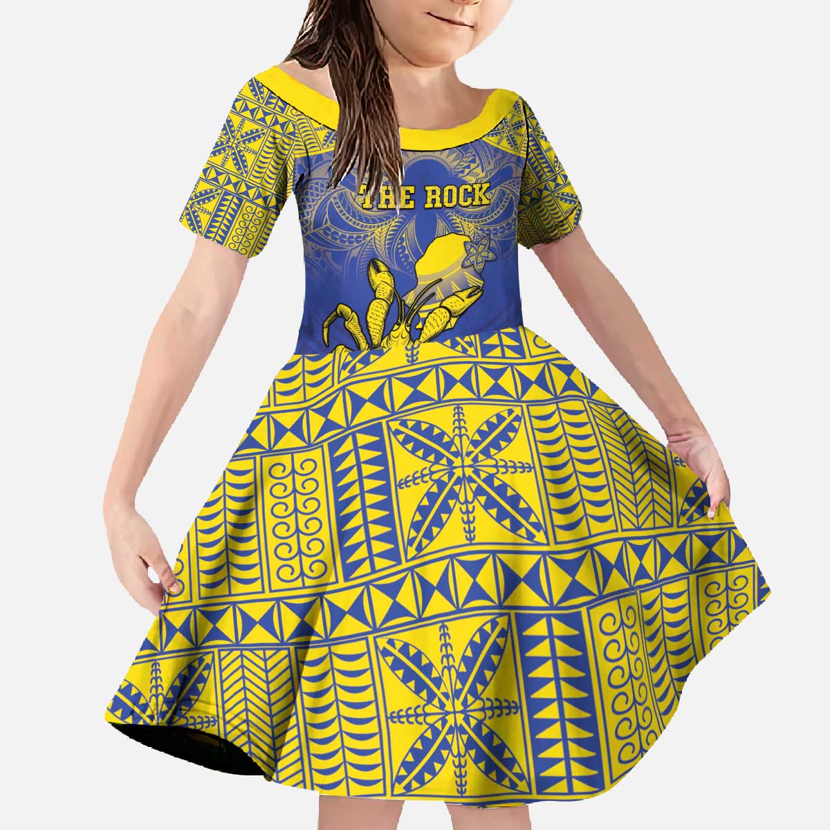 Personalised Niue The Rock Family Matching Off The Shoulder Long Sleeve Dress and Hawaiian Shirt Niuean Crab Hiapo Pattern Blue Version LT05 Daughter's Dress Blue - Polynesian Pride