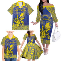 Personalised Niue The Rock Family Matching Off The Shoulder Long Sleeve Dress and Hawaiian Shirt Niuean Crab Hiapo Pattern Blue Version LT05 - Polynesian Pride