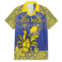 Personalised Niue The Rock Family Matching Off The Shoulder Long Sleeve Dress and Hawaiian Shirt Niuean Crab Hiapo Pattern Blue Version LT05 Dad's Shirt - Short Sleeve Blue - Polynesian Pride