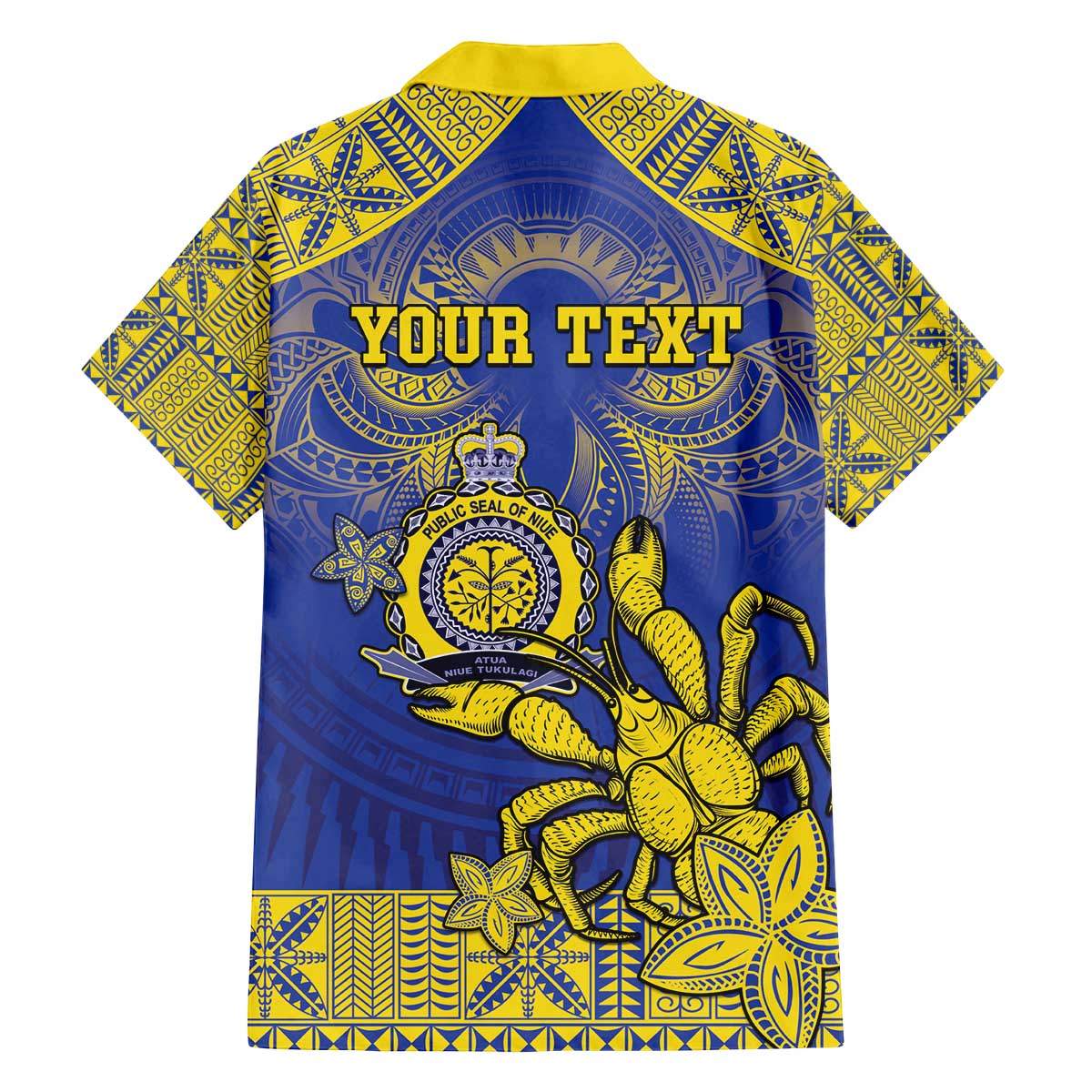 Personalised Niue The Rock Family Matching Off The Shoulder Long Sleeve Dress and Hawaiian Shirt Niuean Crab Hiapo Pattern Blue Version LT05 - Polynesian Pride