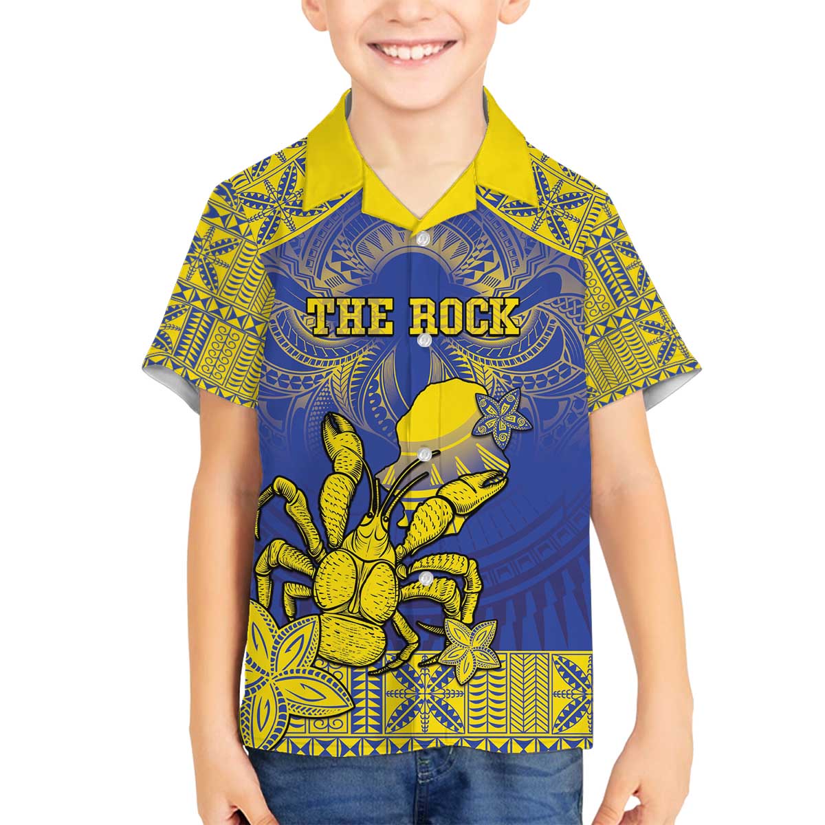 Personalised Niue The Rock Family Matching Off The Shoulder Long Sleeve Dress and Hawaiian Shirt Niuean Crab Hiapo Pattern Blue Version LT05 Son's Shirt Blue - Polynesian Pride
