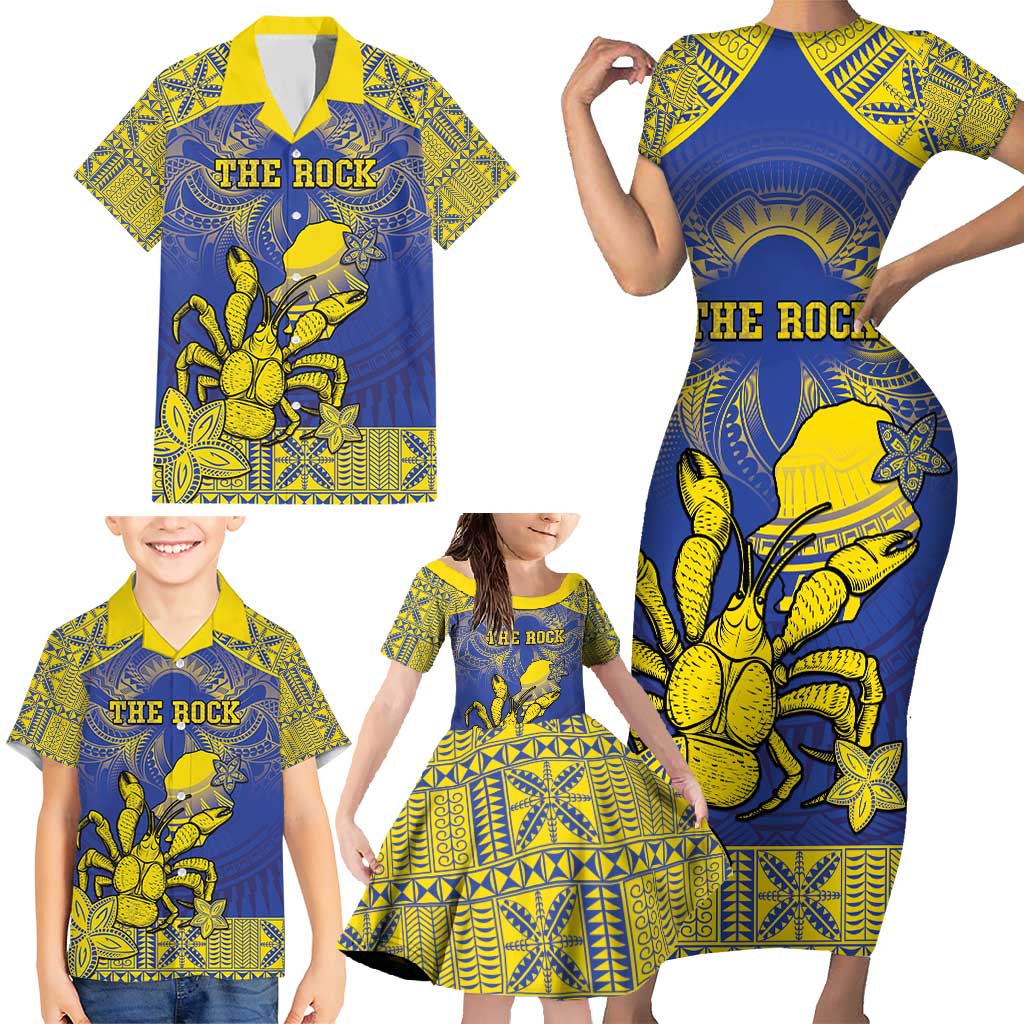 Personalised Niue The Rock Family Matching Short Sleeve Bodycon Dress and Hawaiian Shirt Niuean Crab Hiapo Pattern Blue Version LT05 - Polynesian Pride