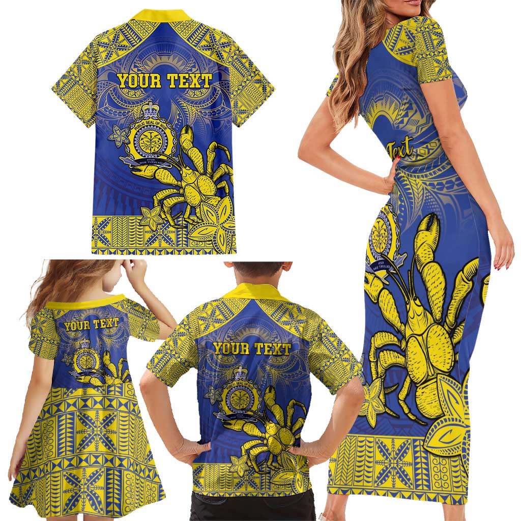 Personalised Niue The Rock Family Matching Short Sleeve Bodycon Dress and Hawaiian Shirt Niuean Crab Hiapo Pattern Blue Version LT05 - Polynesian Pride