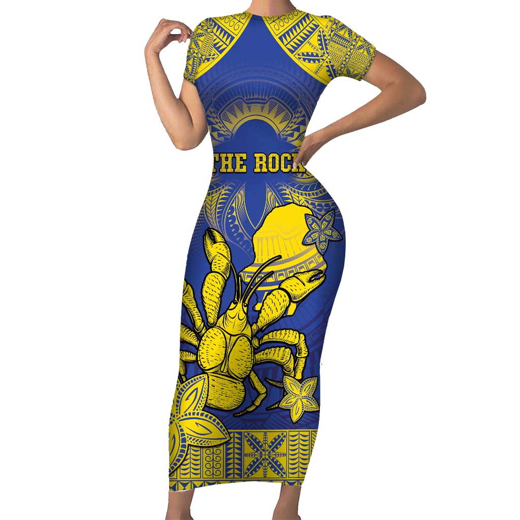 Personalised Niue The Rock Family Matching Short Sleeve Bodycon Dress and Hawaiian Shirt Niuean Crab Hiapo Pattern Blue Version LT05 Mom's Dress Blue - Polynesian Pride