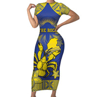 Personalised Niue The Rock Family Matching Short Sleeve Bodycon Dress and Hawaiian Shirt Niuean Crab Hiapo Pattern Blue Version LT05 Mom's Dress Blue - Polynesian Pride