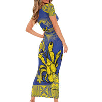 Personalised Niue The Rock Family Matching Short Sleeve Bodycon Dress and Hawaiian Shirt Niuean Crab Hiapo Pattern Blue Version LT05 - Polynesian Pride