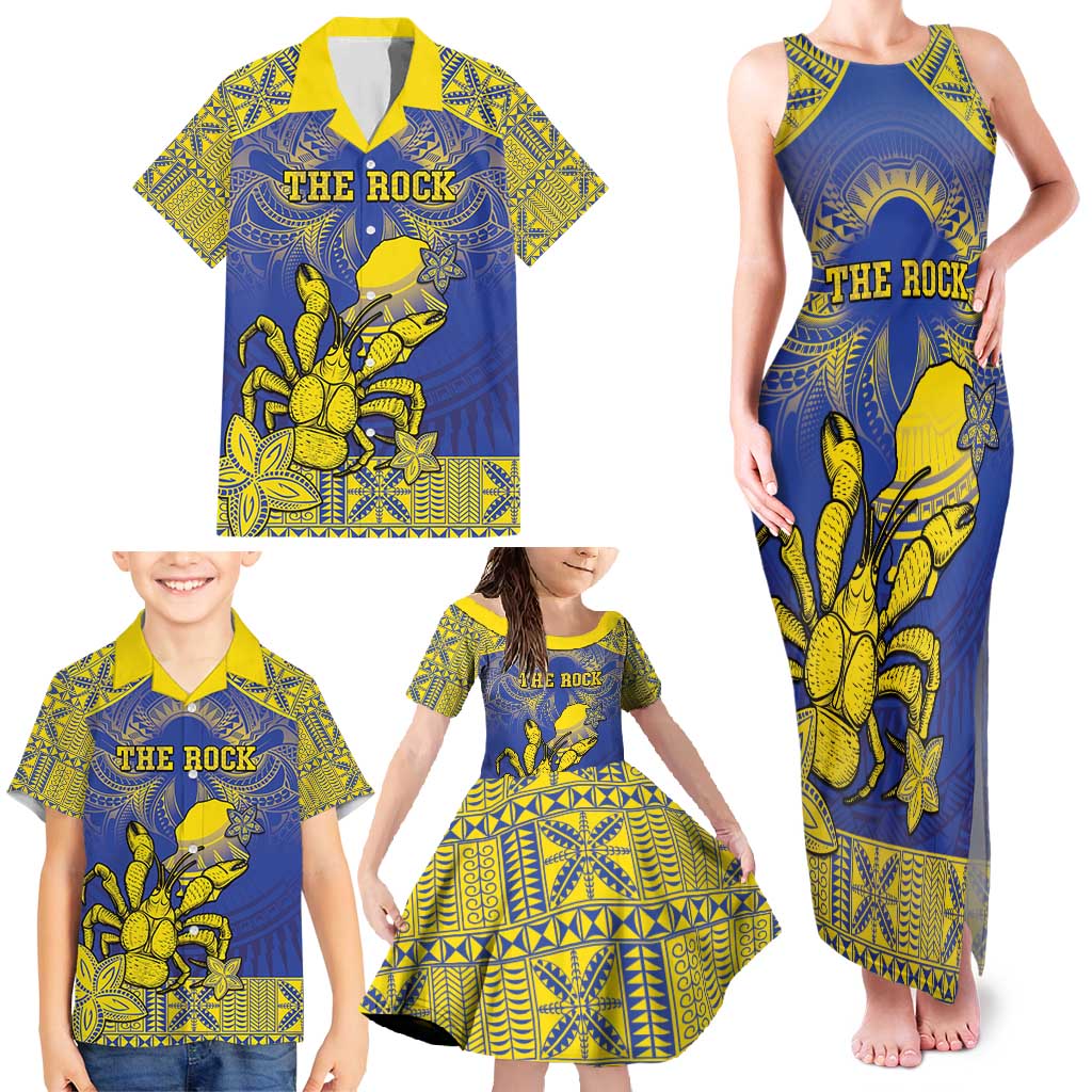 Personalised Niue The Rock Family Matching Tank Maxi Dress and Hawaiian Shirt Niuean Crab Hiapo Pattern Blue Version LT05 - Polynesian Pride