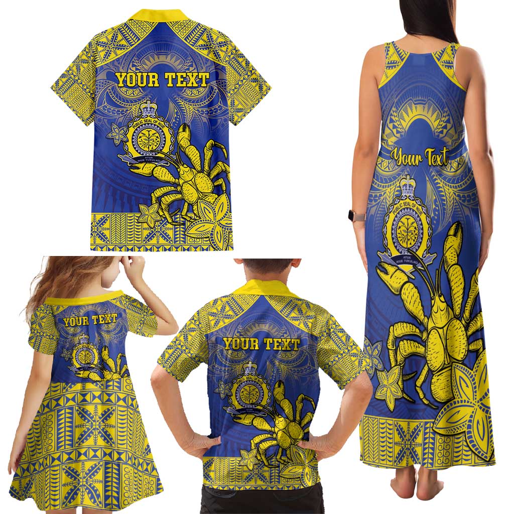 Personalised Niue The Rock Family Matching Tank Maxi Dress and Hawaiian Shirt Niuean Crab Hiapo Pattern Blue Version LT05 - Polynesian Pride