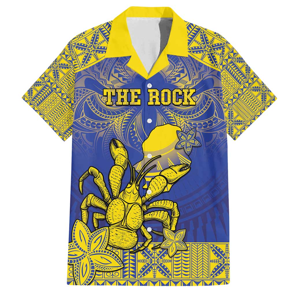 Personalised Niue The Rock Family Matching Tank Maxi Dress and Hawaiian Shirt Niuean Crab Hiapo Pattern Blue Version LT05 Dad's Shirt - Short Sleeve Blue - Polynesian Pride