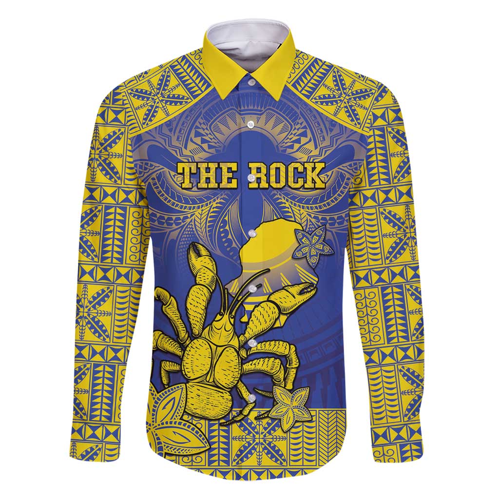 Personalised Niue The Rock Family Matching Tank Maxi Dress and Hawaiian Shirt Niuean Crab Hiapo Pattern Blue Version LT05 Dad's Shirt - Long Sleeve Blue - Polynesian Pride