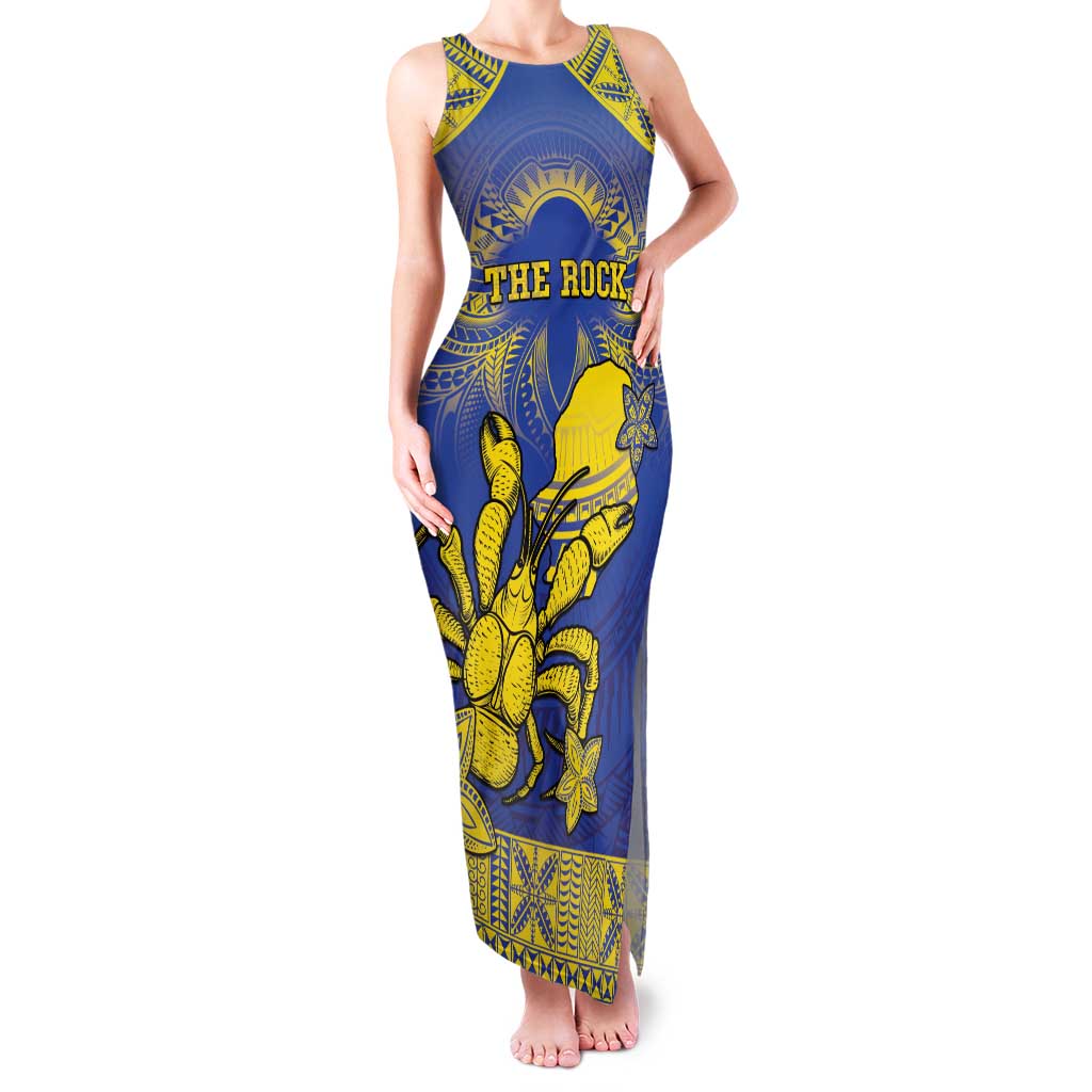 Personalised Niue The Rock Family Matching Tank Maxi Dress and Hawaiian Shirt Niuean Crab Hiapo Pattern Blue Version LT05 Mom's Dress Blue - Polynesian Pride