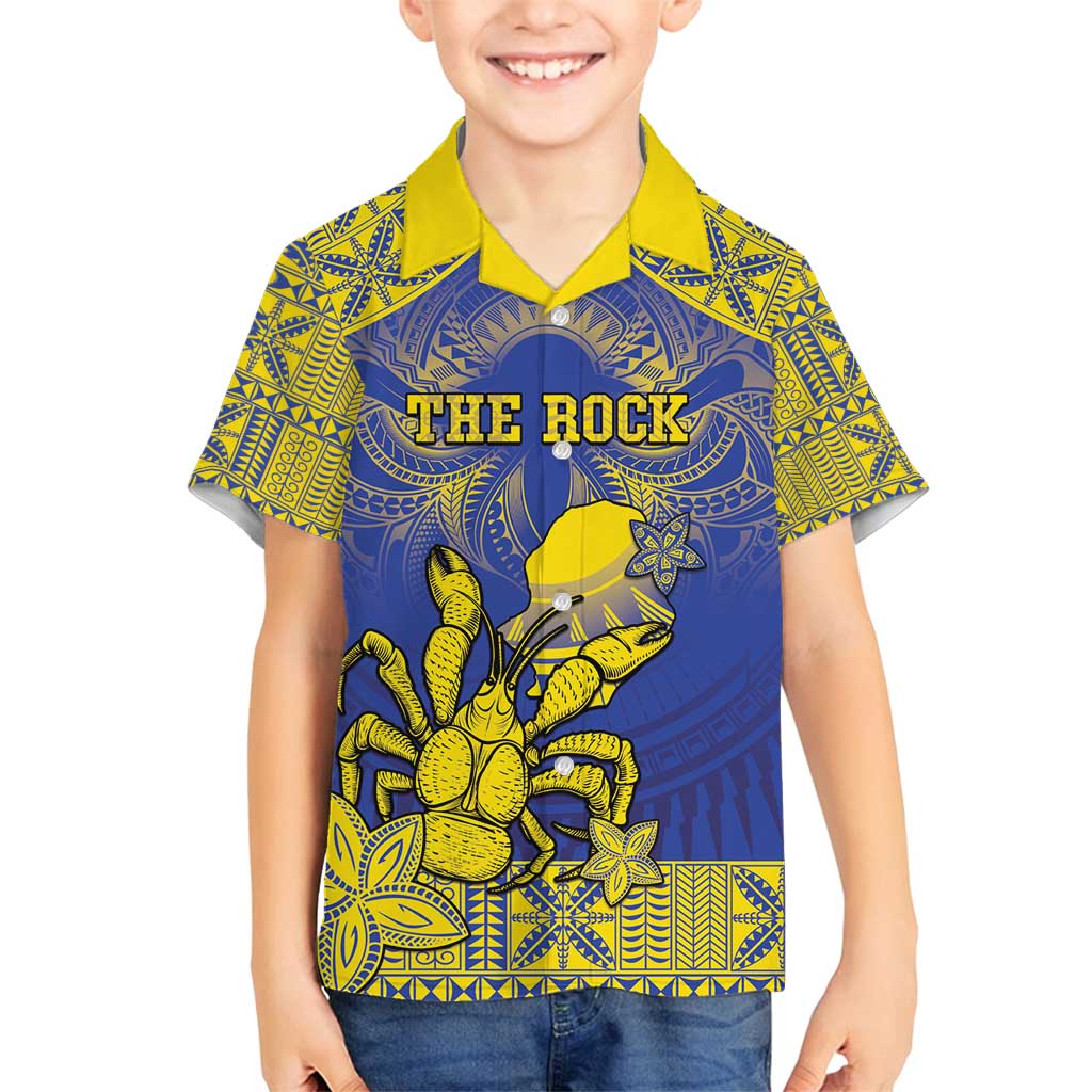 Personalised Niue The Rock Family Matching Tank Maxi Dress and Hawaiian Shirt Niuean Crab Hiapo Pattern Blue Version LT05 Son's Shirt Blue - Polynesian Pride
