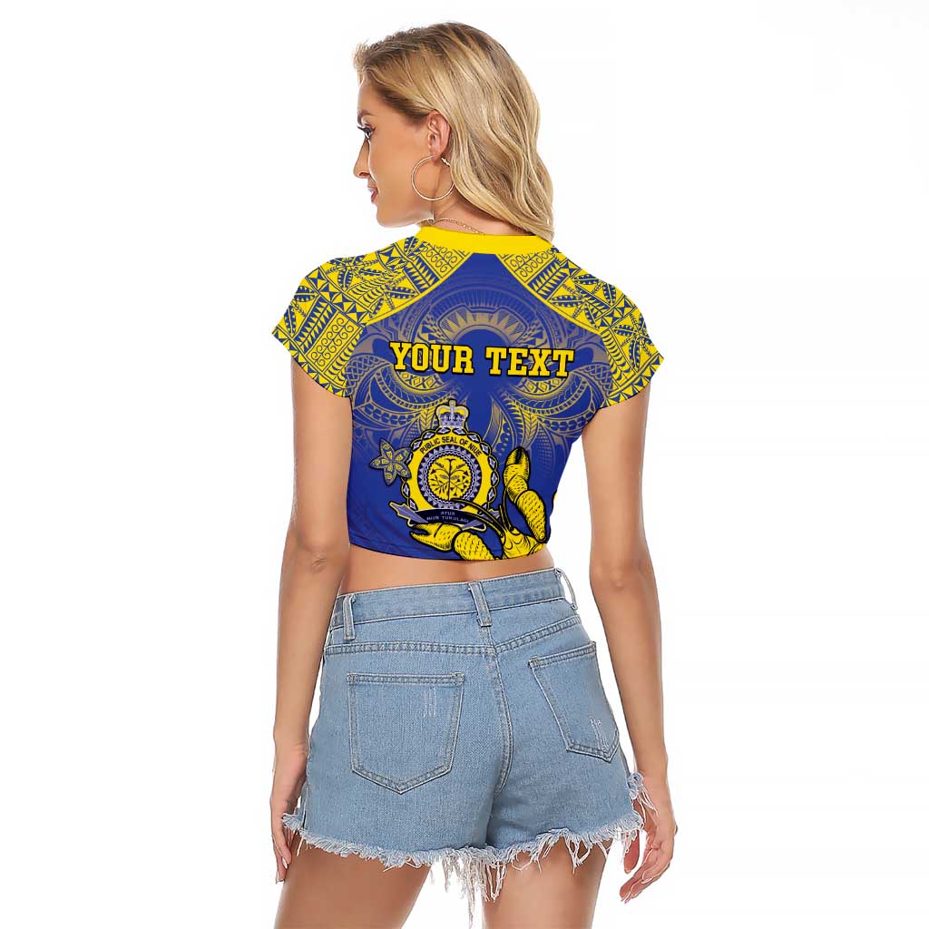 Personalised Niue The Rock Raglan Cropped T Shirt Niuean Crab Hiapo Pattern Blue Version