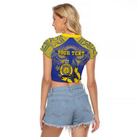 Personalised Niue The Rock Raglan Cropped T Shirt Niuean Crab Hiapo Pattern Blue Version