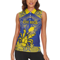 Personalised Niue The Rock Women Sleeveless Polo Shirt Niuean Crab Hiapo Pattern Blue Version
