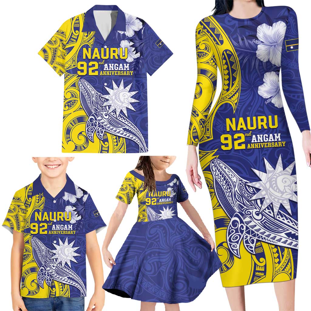 Personalised Nauru 92nd Anniversary Of Angam Family Matching Long Sleeve Bodycon Dress and Hawaiian Shirt Polynesian Whale Pattern LT05 - Polynesian Pride