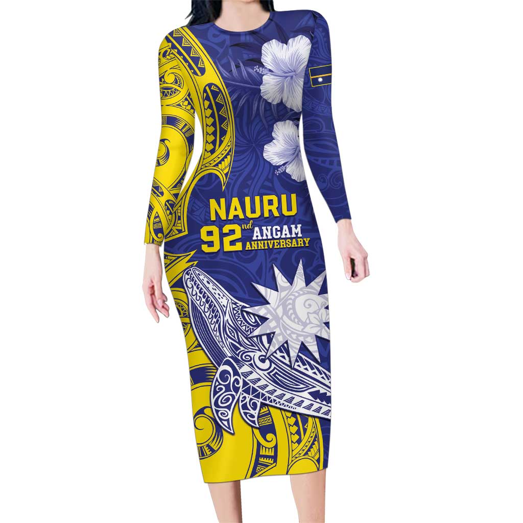 Personalised Nauru 92nd Anniversary Of Angam Family Matching Long Sleeve Bodycon Dress and Hawaiian Shirt Polynesian Whale Pattern LT05 Mom's Dress Blue - Polynesian Pride