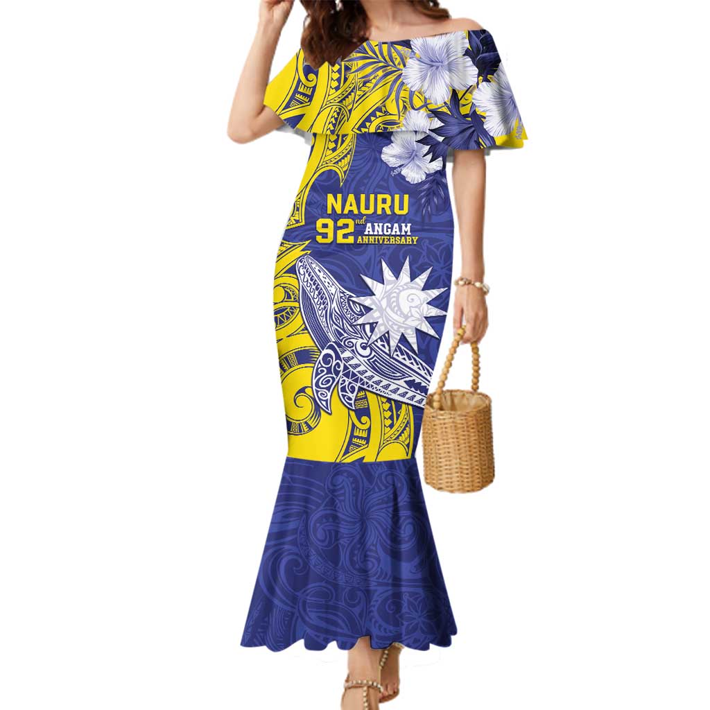 Personalised Nauru 92nd Anniversary Of Angam Family Matching Mermaid Dress and Hawaiian Shirt Polynesian Whale Pattern LT05 Mom's Dress Blue - Polynesian Pride