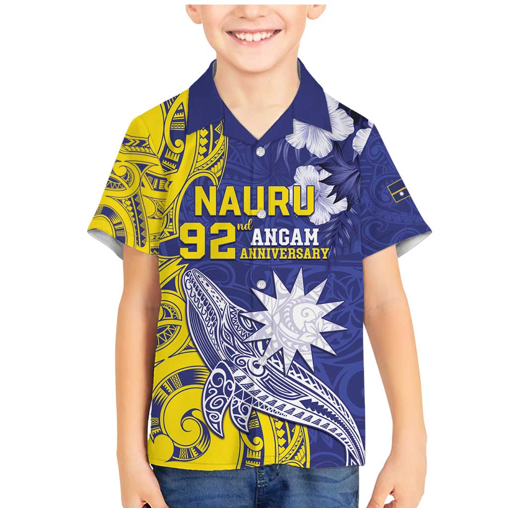 Personalised Nauru 92nd Anniversary Of Angam Family Matching Mermaid Dress and Hawaiian Shirt Polynesian Whale Pattern LT05 Son's Shirt Blue - Polynesian Pride