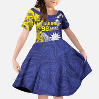 Personalised Nauru 92nd Anniversary Of Angam Family Matching Off The Shoulder Long Sleeve Dress and Hawaiian Shirt Polynesian Whale Pattern LT05 Daughter's Dress Blue - Polynesian Pride
