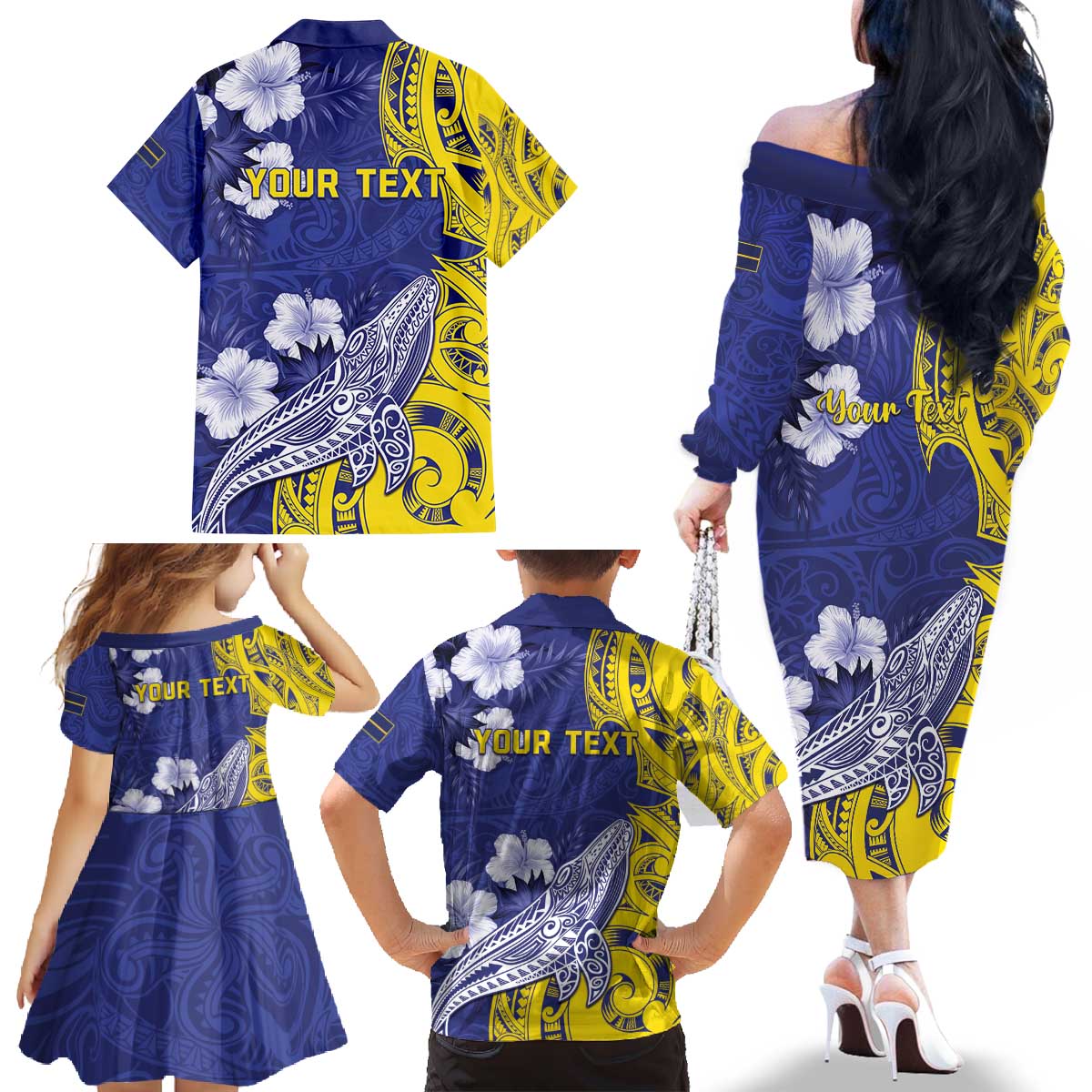 Personalised Nauru 92nd Anniversary Of Angam Family Matching Off The Shoulder Long Sleeve Dress and Hawaiian Shirt Polynesian Whale Pattern LT05 - Polynesian Pride
