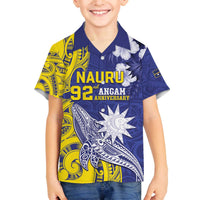 Personalised Nauru 92nd Anniversary Of Angam Family Matching Off The Shoulder Long Sleeve Dress and Hawaiian Shirt Polynesian Whale Pattern LT05 Son's Shirt Blue - Polynesian Pride