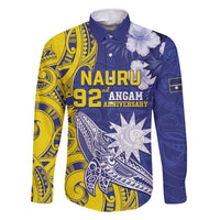 Personalised Nauru 92nd Anniversary Of Angam Family Matching Off Shoulder Short Dress and Hawaiian Shirt Polynesian Whale Pattern LT05 Dad's Shirt - Long Sleeve Blue - Polynesian Pride