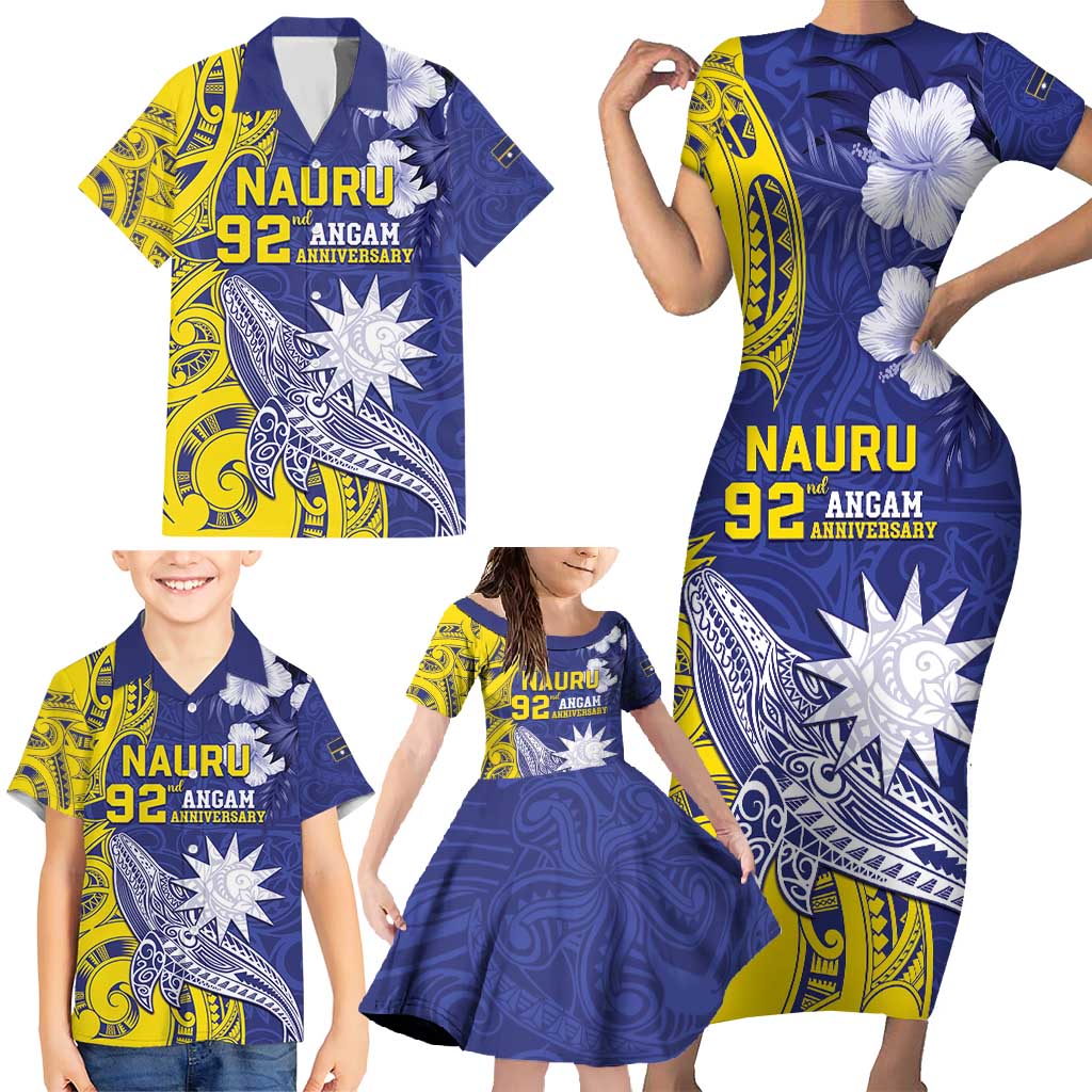 Personalised Nauru 92nd Anniversary Of Angam Family Matching Short Sleeve Bodycon Dress and Hawaiian Shirt Polynesian Whale Pattern LT05 - Polynesian Pride