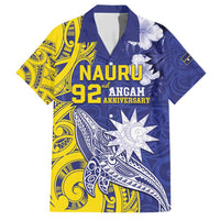 Personalised Nauru 92nd Anniversary Of Angam Family Matching Short Sleeve Bodycon Dress and Hawaiian Shirt Polynesian Whale Pattern LT05 Dad's Shirt - Short Sleeve Blue - Polynesian Pride