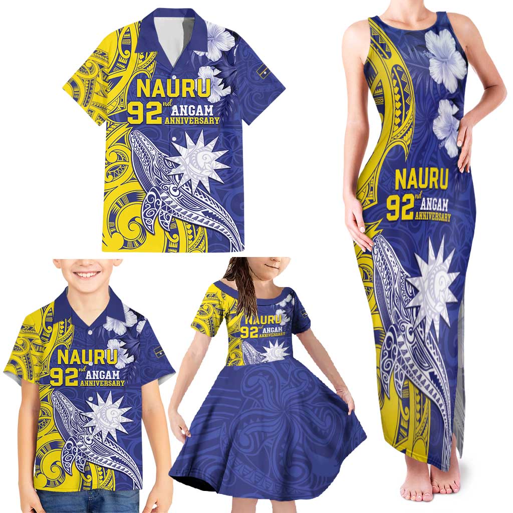 Personalised Nauru 92nd Anniversary Of Angam Family Matching Tank Maxi Dress and Hawaiian Shirt Polynesian Whale Pattern LT05 - Polynesian Pride