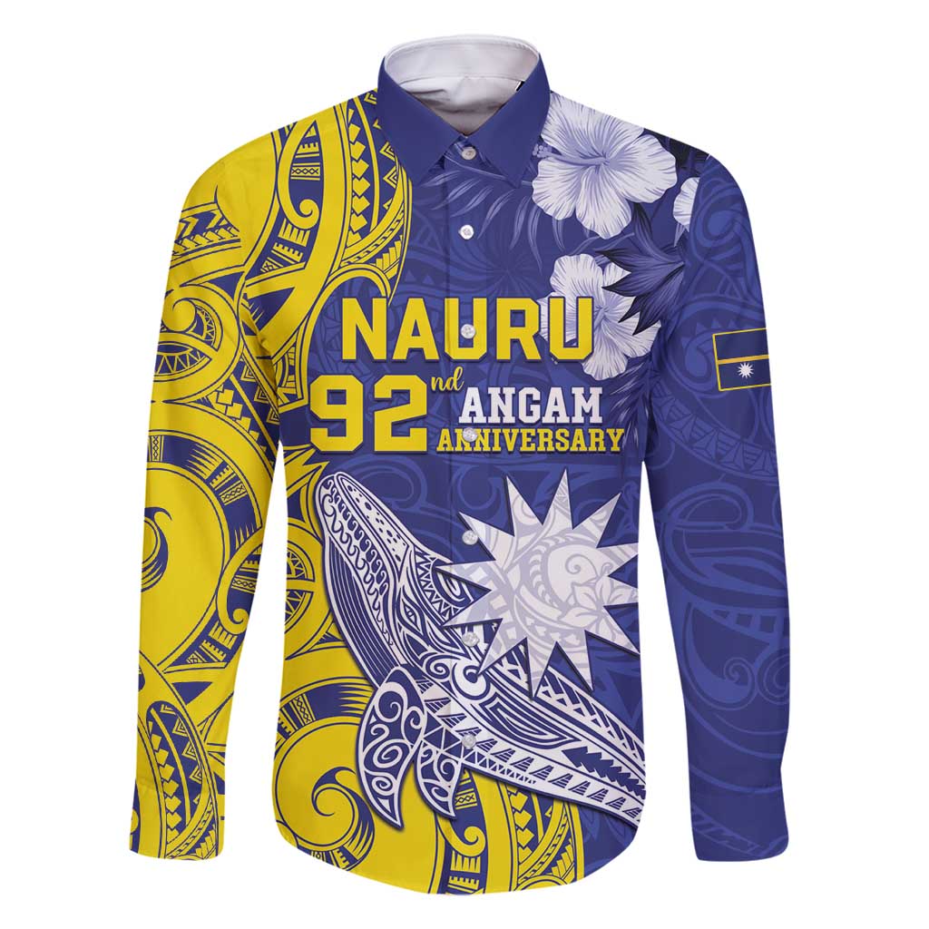 Personalised Nauru 92nd Anniversary Of Angam Family Matching Tank Maxi Dress and Hawaiian Shirt Polynesian Whale Pattern LT05 Dad's Shirt - Long Sleeve Blue - Polynesian Pride