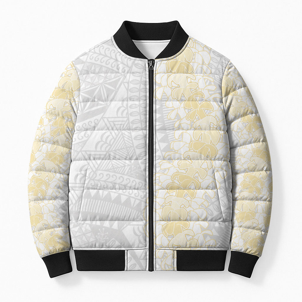 Niue White Sunday Bomber Puffer Jacket Niuean Hiapo With Puakenikeni Lei LT05 Unisex White - Polynesian Pride