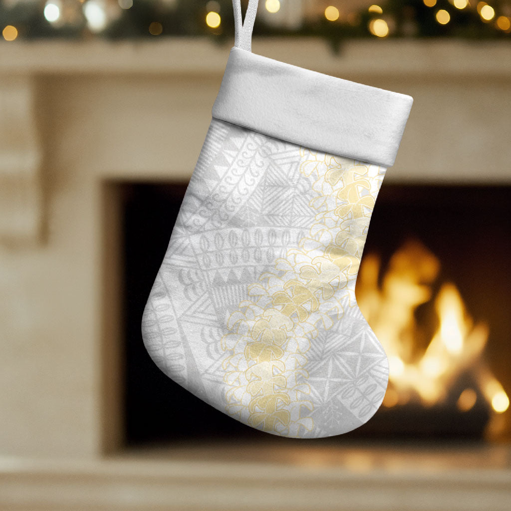 Niue White Sunday Christmas Stocking Niuean Hiapo With Puakenikeni Lei LT05 Set of 2 White - Polynesian Pride