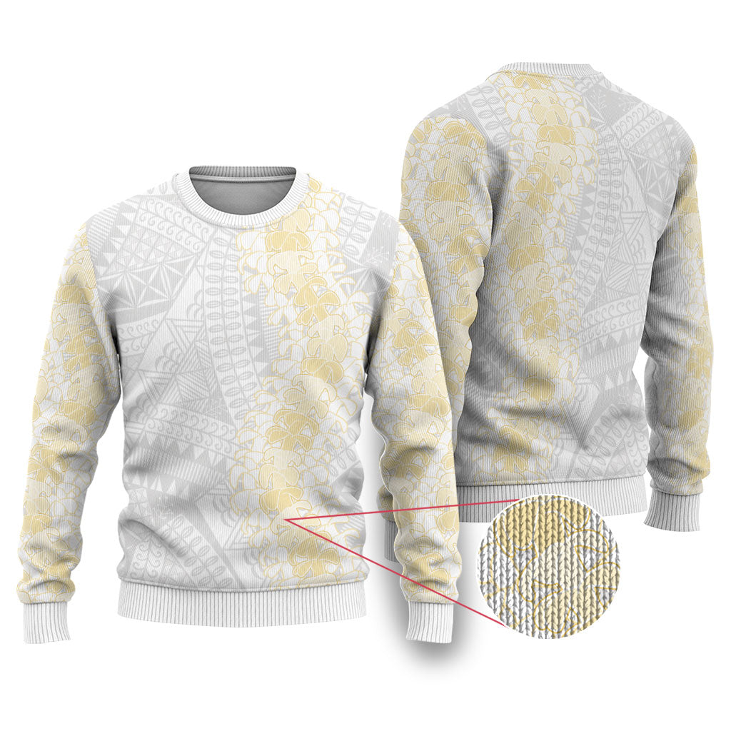 Niue White Sunday Ugly Christmas Sweater Niuean Hiapo With Puakenikeni Lei LT05 White - Polynesian Pride