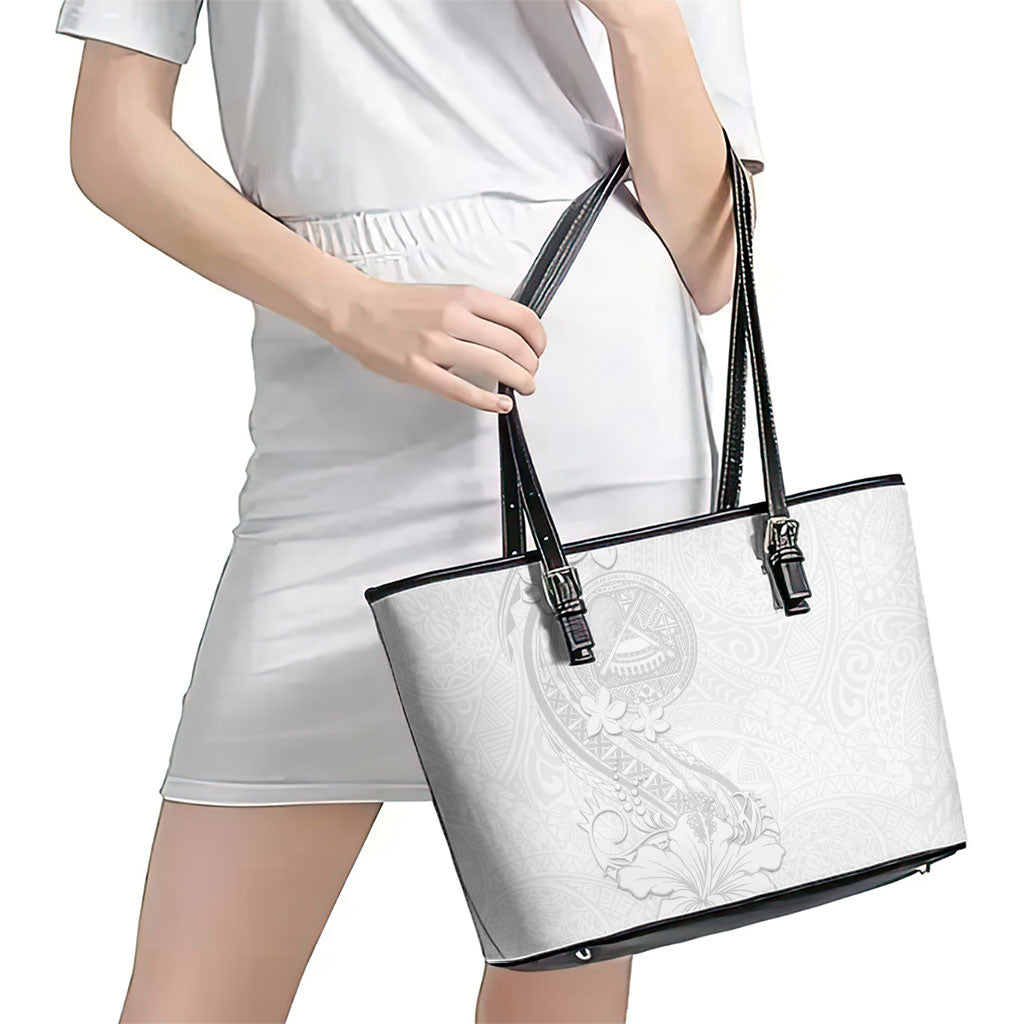 American Samoa White Sunday Leather Tote Bag Polynesian Pattern With Tropical Flowers LT05 - Polynesian Pride