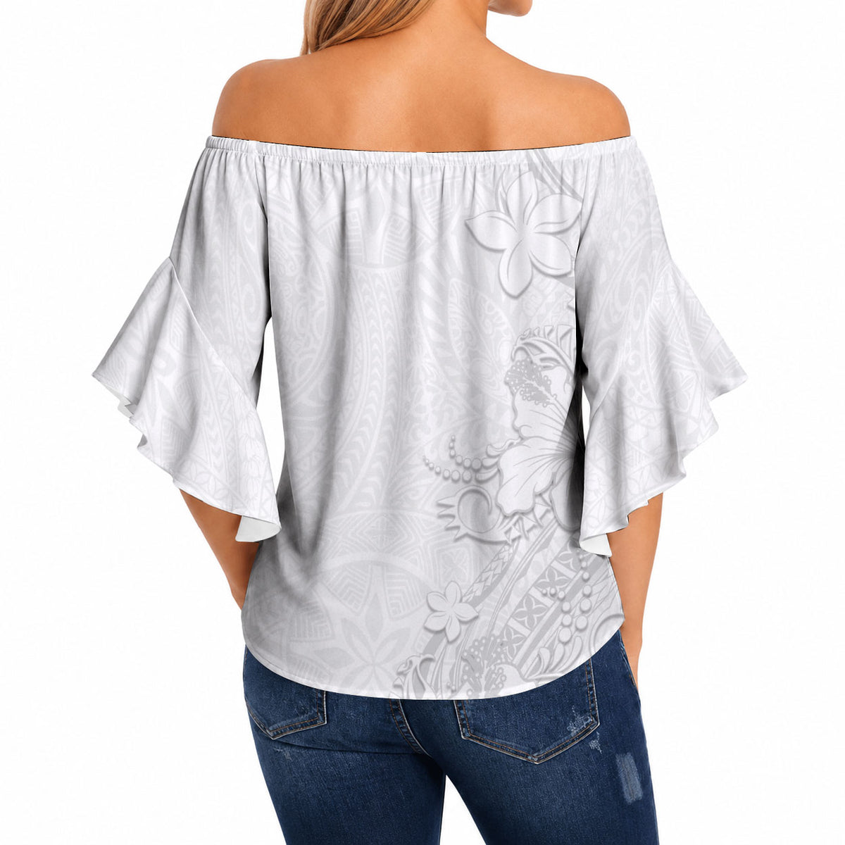 American Samoa White Sunday Off Shoulder Wrap Waist Top Polynesian Pattern With Tropical Flowers LT05 - Polynesian Pride