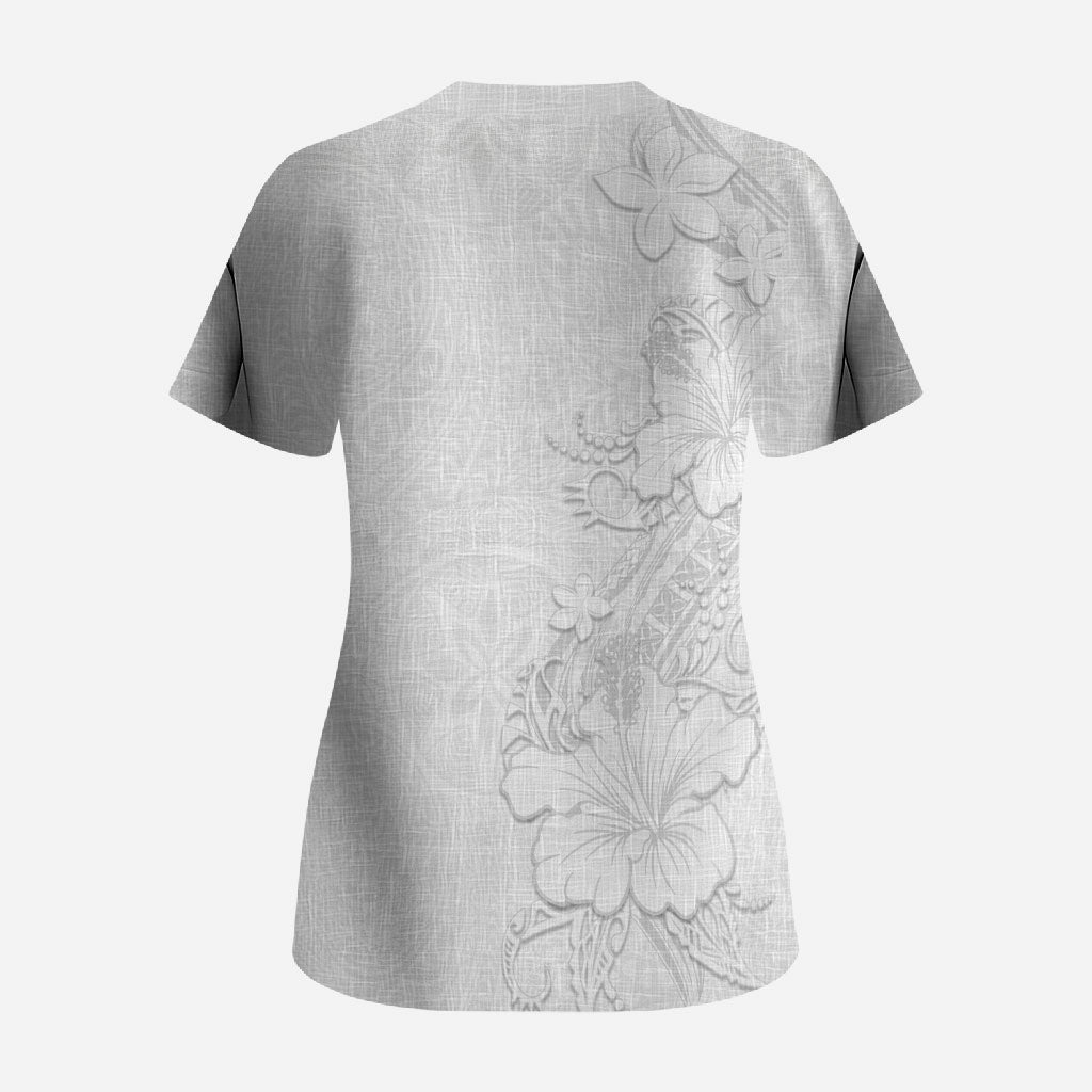 American Samoa White Sunday Scrub Top Polynesian Pattern With Tropical Flowers LT05 - Polynesian Pride