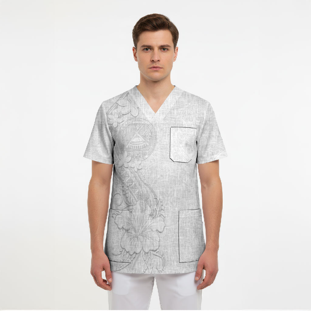 American Samoa White Sunday Scrub Top Polynesian Pattern With Tropical Flowers LT05 - Polynesian Pride