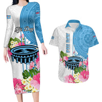 Fiji Day Couples Matching Long Sleeve Bodycon Dress and Hawaiian Shirt Tanoa Hibiscus Fijian Tapa Masi Pattern LT05 White - Polynesian Pride