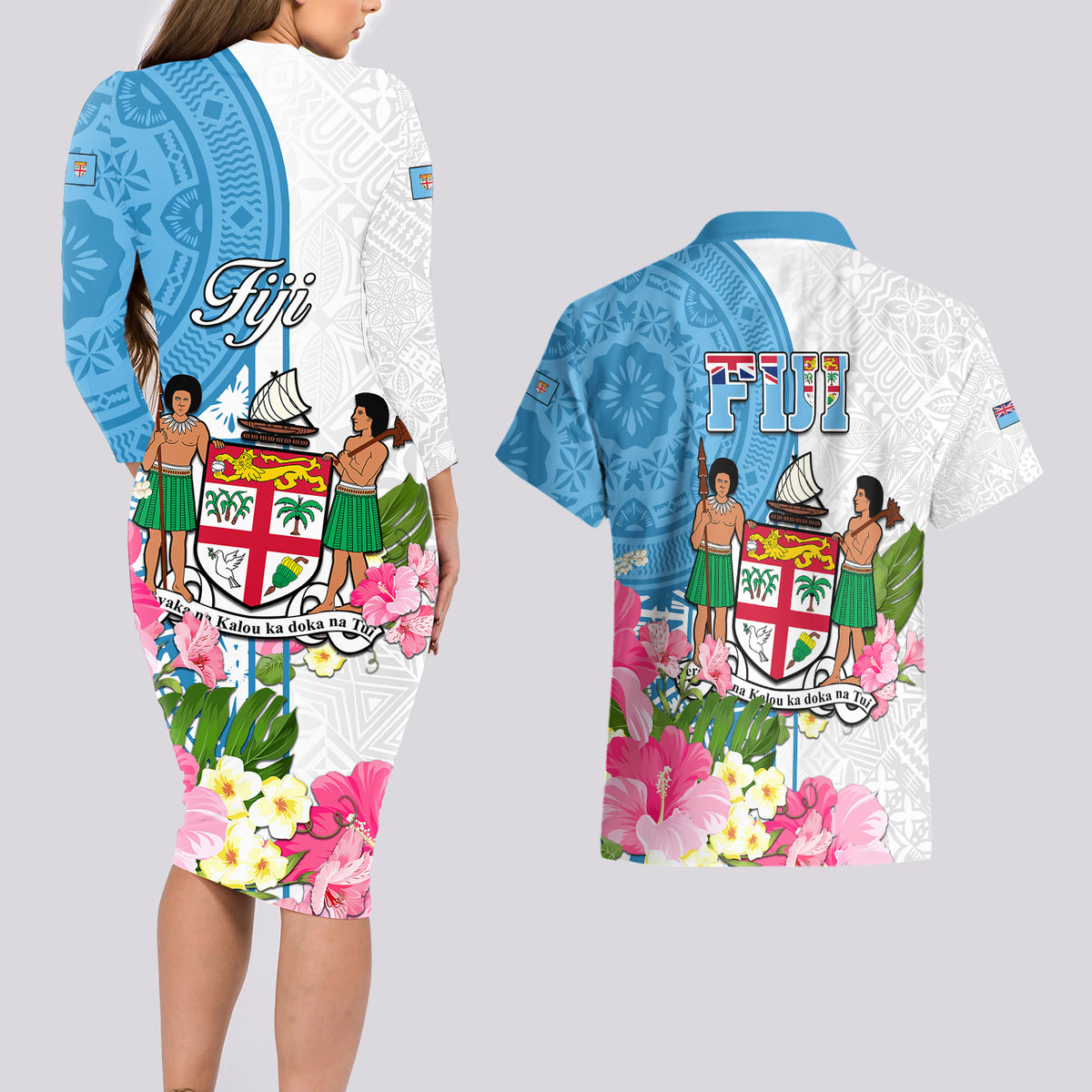 Fiji Day Couples Matching Long Sleeve Bodycon Dress and Hawaiian Shirt Tanoa Hibiscus Fijian Tapa Masi Pattern LT05 - Polynesian Pride