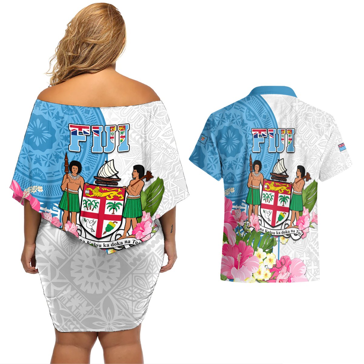 fiji-day-couples-matching-off-shoulder-short-dress-and-hawaiian-shirt-tanoa-hibiscus-fijian-tapa-masi-pattern