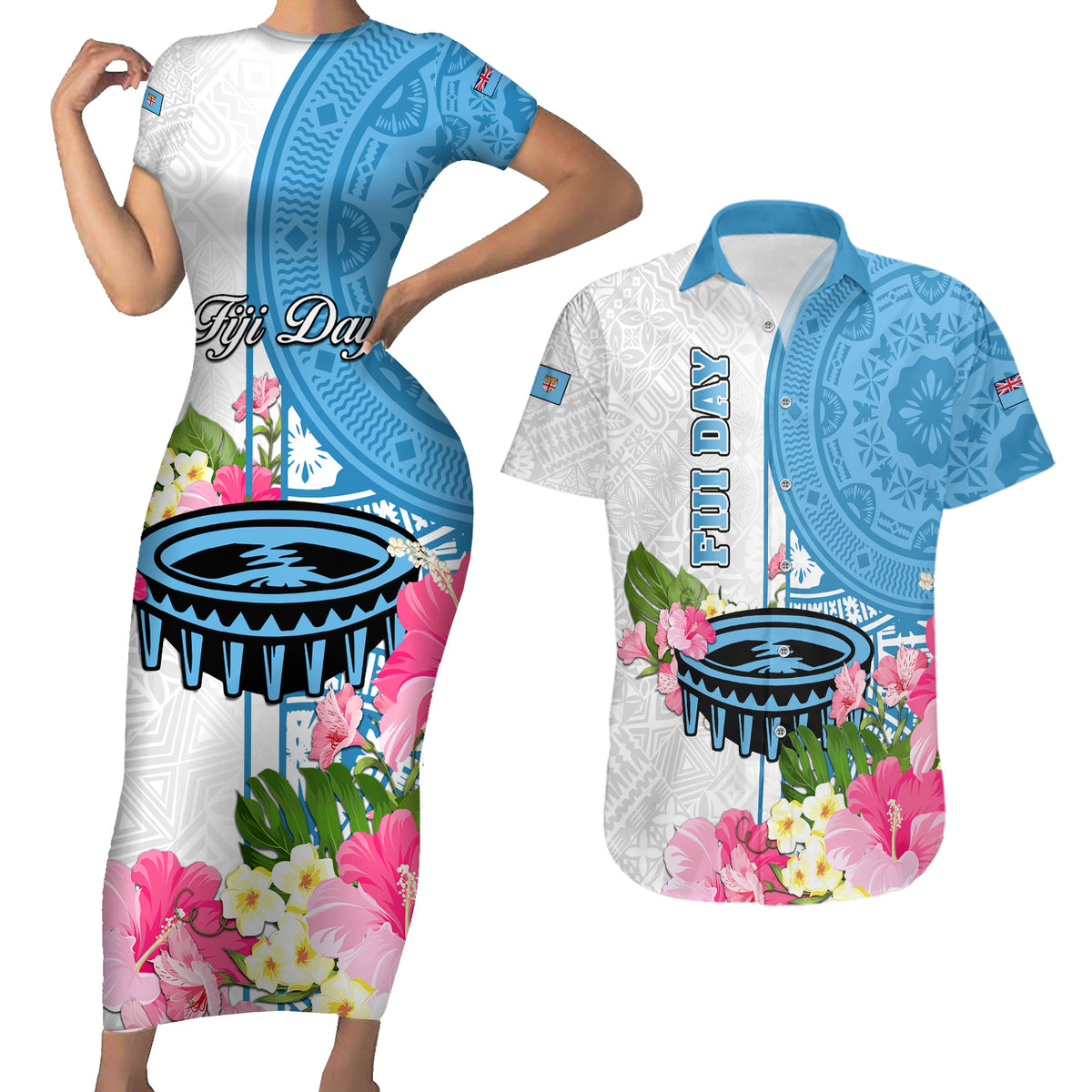 Fiji Day Couples Matching Short Sleeve Bodycon Dress and Hawaiian Shirt Tanoa Hibiscus Fijian Tapa Masi Pattern LT05 White - Polynesian Pride
